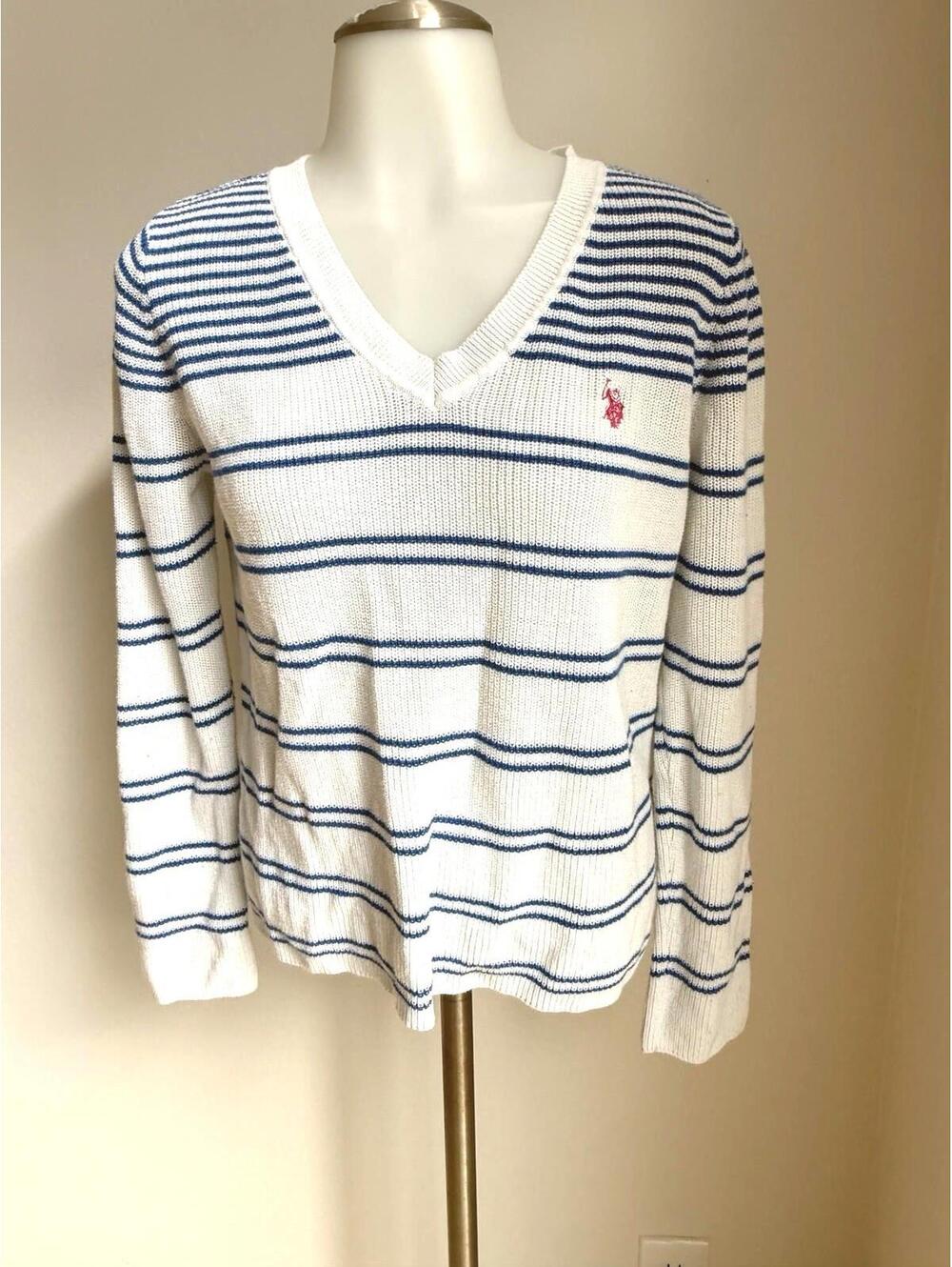 US POLO ASSN WOMEN'S SWEATER NAUTICAL STRIPED V-NECK WHITE BLUE sz Medium